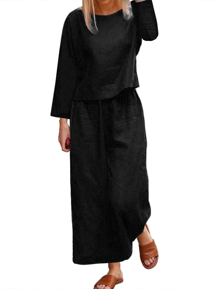 Women Solid Casual Two Piece Set Spring Summer Cardigan Shirt Wide Leg Pants Suit For Ladies Cotton Linen Matching Outfit