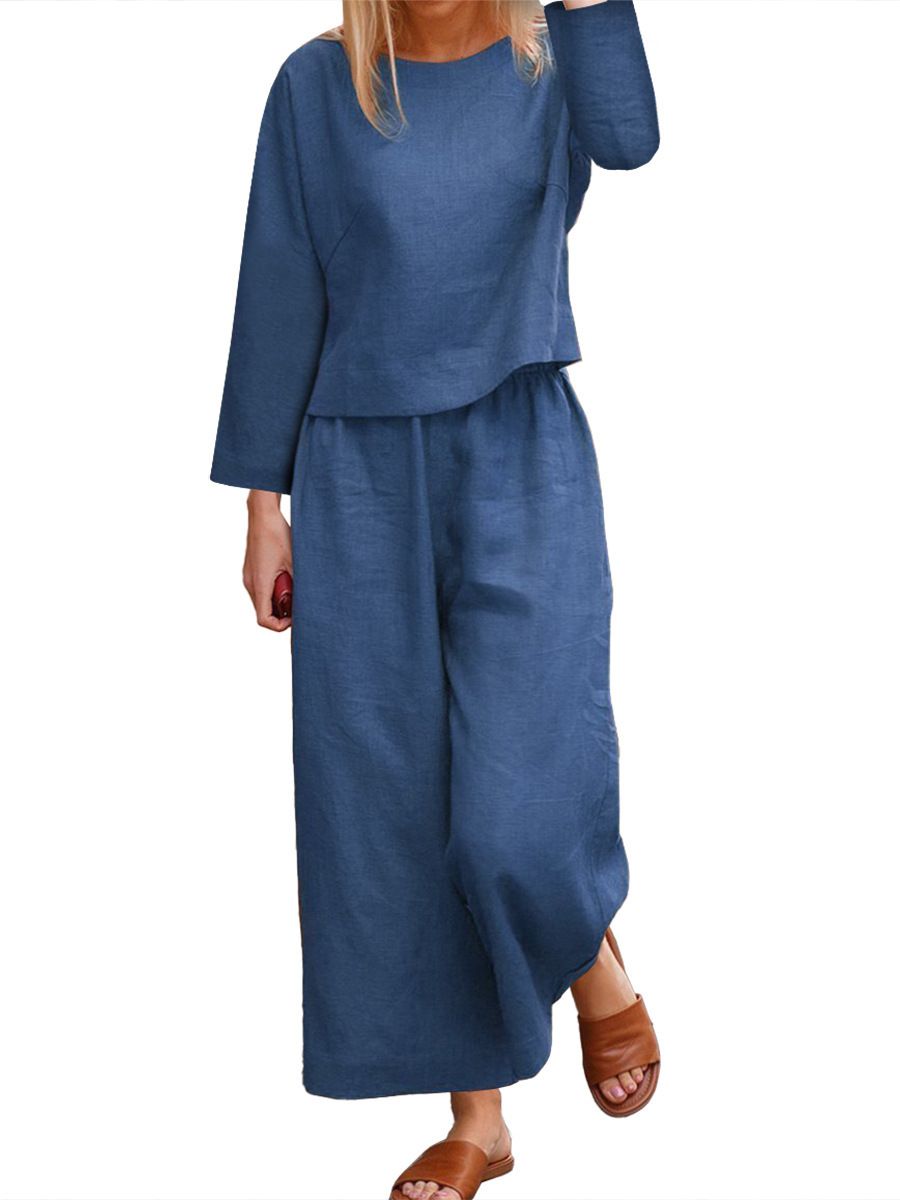 Women Solid Casual Two Piece Set Spring Summer Cardigan Shirt Wide Leg Pants Suit For Ladies Cotton Linen Matching Outfit
