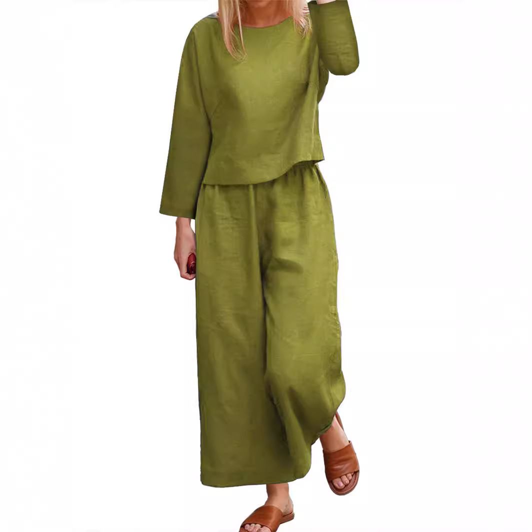 Women Solid Casual Two Piece Set Spring Summer Cardigan Shirt Wide Leg Pants Suit For Ladies Cotton Linen Matching Outfit