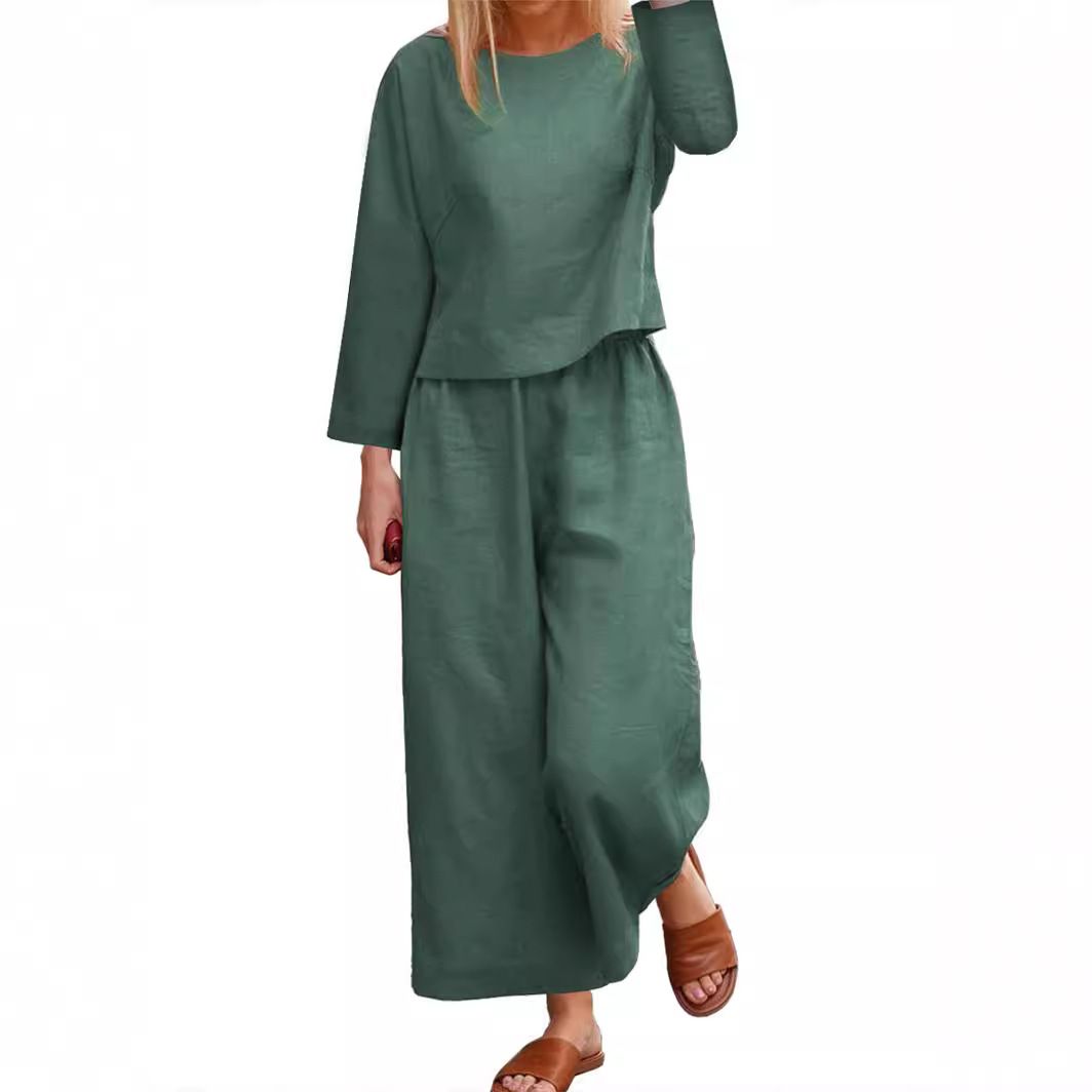 Women Solid Casual Two Piece Set Spring Summer Cardigan Shirt Wide Leg Pants Suit For Ladies Cotton Linen Matching Outfit