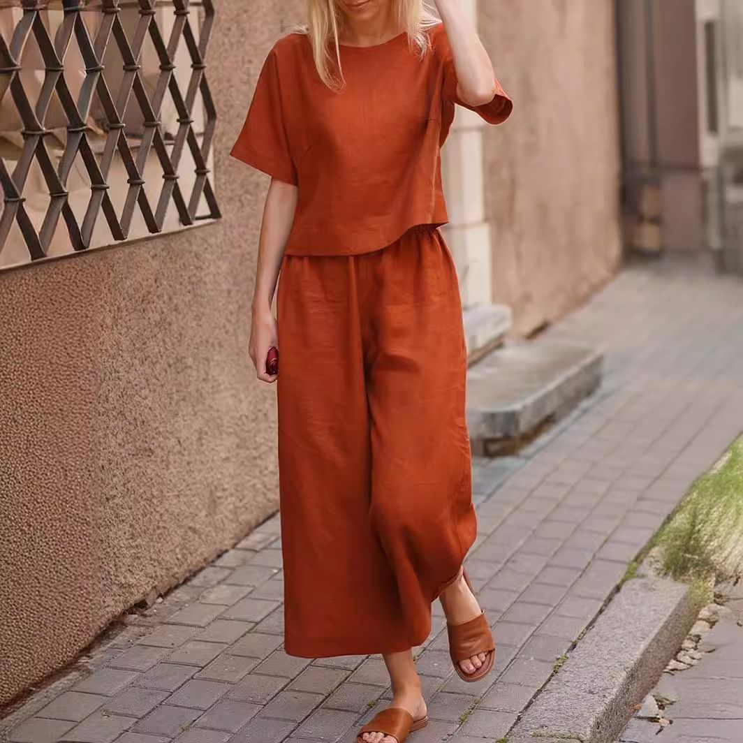 Women Solid Casual Two Piece Set Spring Summer Cardigan Shirt Wide Leg Pants Suit For Ladies Cotton Linen Matching Outfit