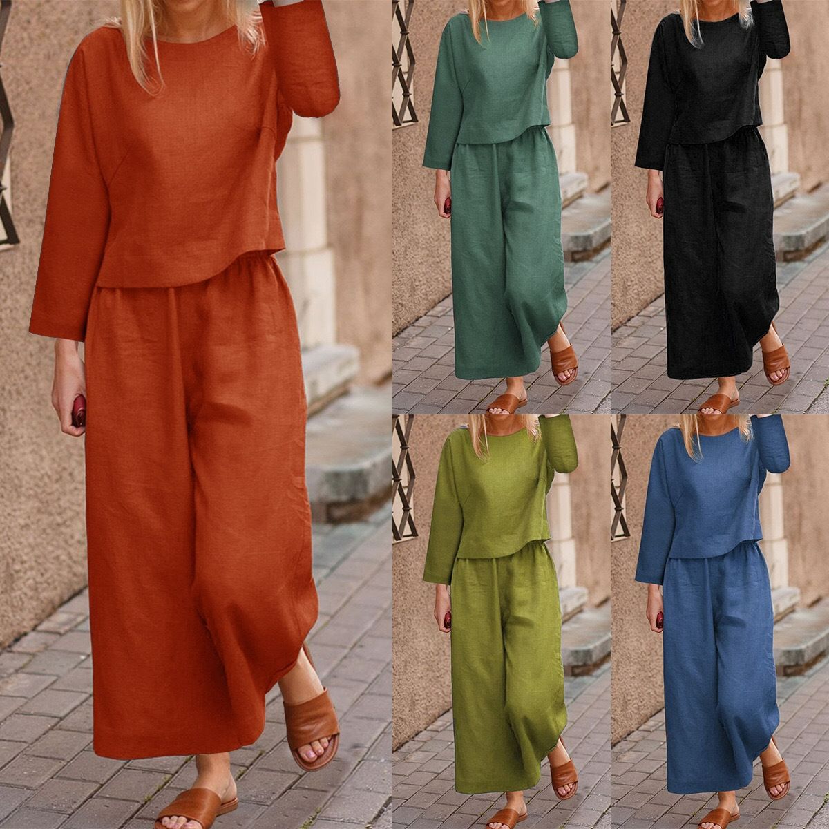 Women Solid Casual Two Piece Set Spring Summer Cardigan Shirt Wide Leg Pants Suit For Ladies Cotton Linen Matching Outfit