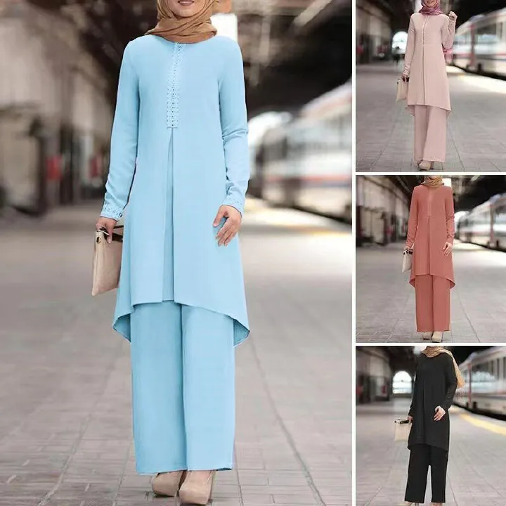 Dubai abaya turkish 2 pcs set muslim dress long pants women moroccan kaftan islam islamic clothing