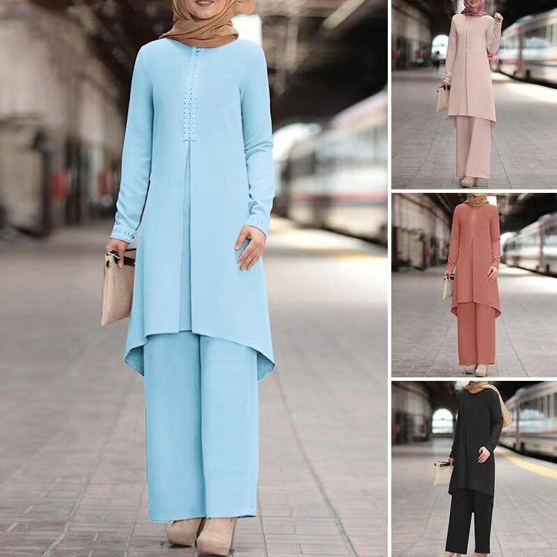 Dubai abaya turkish 2 pcs set muslim dress long pants women moroccan kaftan islam islamic clothing