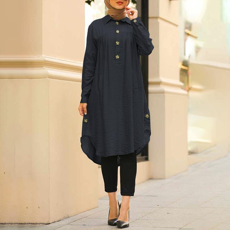 High Quality Solid Color Islamic Clothing Muslim Dress Long Tops S~5XL Ladies Pleated Muslim Arabic Blouses