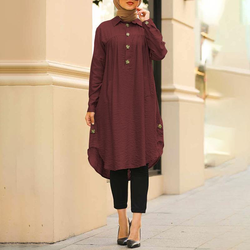 High Quality Solid Color Islamic Clothing Muslim Dress Long Tops S~5XL Ladies Pleated Muslim Arabic Blouses