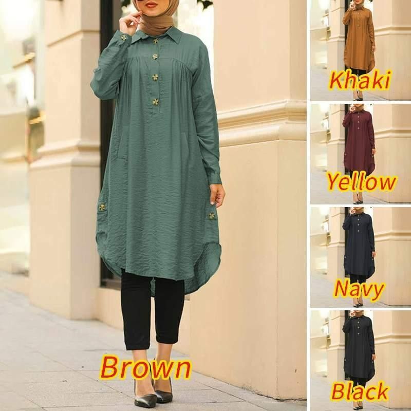 High Quality Solid Color Islamic Clothing Muslim Dress Long Tops S~5XL Ladies Pleated Muslim Arabic Blouses