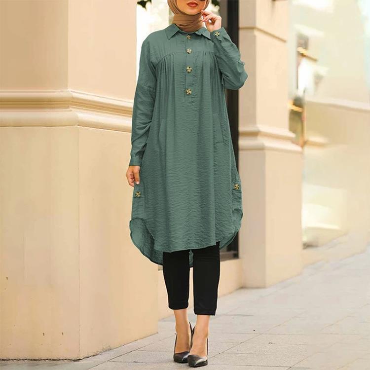 High Quality Solid Color Islamic Clothing Muslim Dress Long Tops S~5XL Ladies Pleated Muslim Arabic Blouses