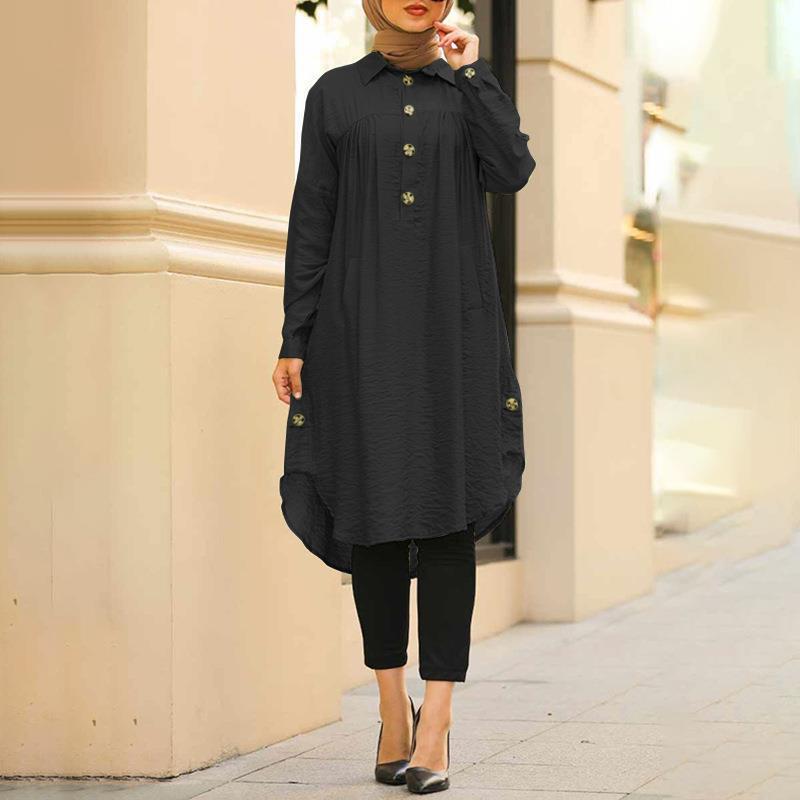 High Quality Solid Color Islamic Clothing Muslim Dress Long Tops S~5XL Ladies Pleated Muslim Arabic Blouses