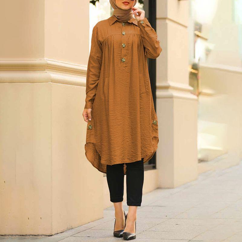 High Quality Solid Color Islamic Clothing Muslim Dress Long Tops S~5XL Ladies Pleated Muslim Arabic Blouses