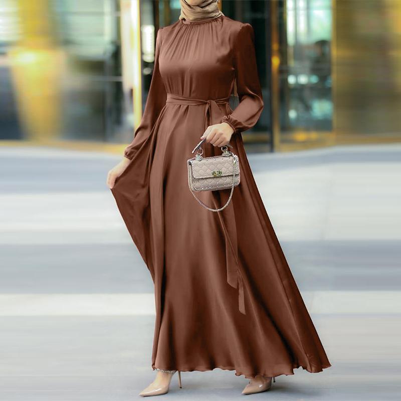 New Women Elegant Long Dress Long Lantern Sleeve O-Neck Waist Belt Mid East Muslim Lady Casual A-line Dress