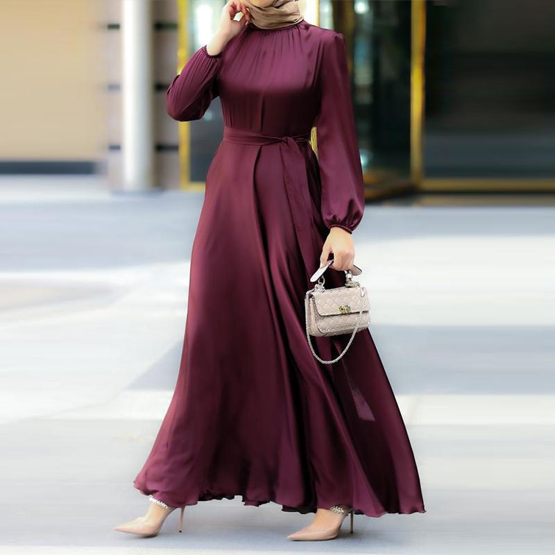 New Women Elegant Long Dress Long Lantern Sleeve O-Neck Waist Belt Mid East Muslim Lady Casual A-line Dress