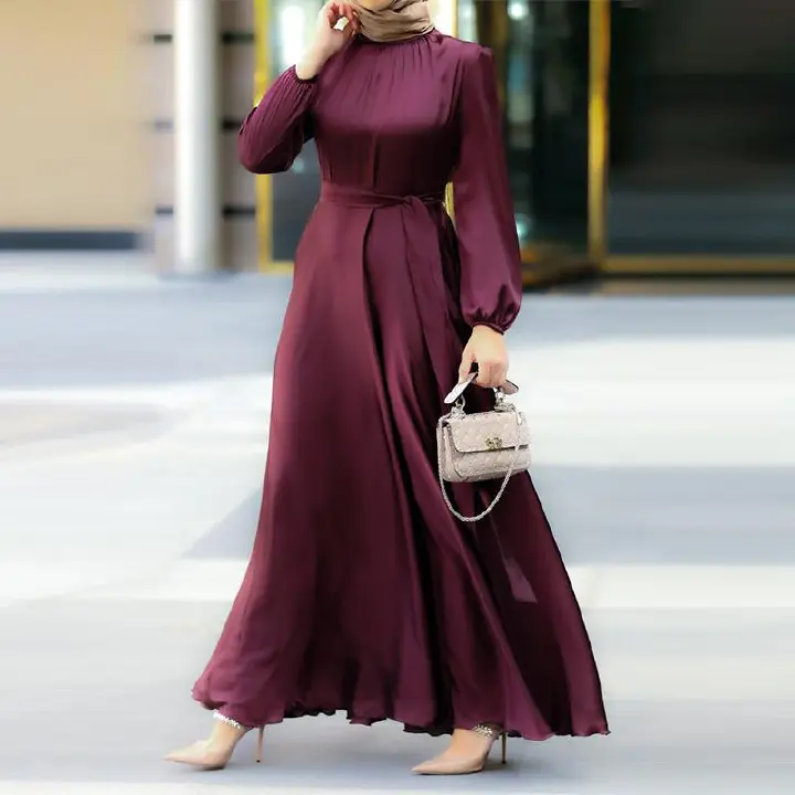 New Women Elegant Long Dress Long Lantern Sleeve O-Neck Waist Belt Mid East Muslim Lady Casual A-line Dress
