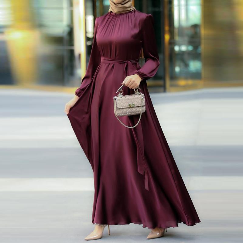 New Women Elegant Long Dress Long Lantern Sleeve O-Neck Waist Belt Mid East Muslim Lady Casual A-line Dress