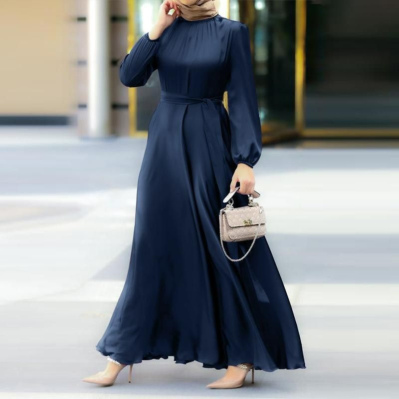 New Women Elegant Long Dress Long Lantern Sleeve O-Neck Waist Belt Mid East Muslim Lady Casual A-line Dress