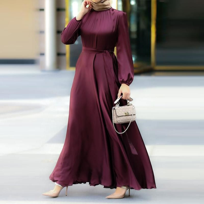 New Women Elegant Long Dress Long Lantern Sleeve O-Neck Waist Belt Mid East Muslim Lady Casual A-line Dress