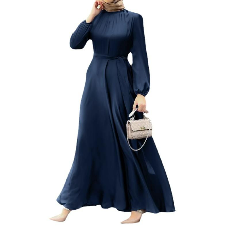 New Women Elegant Long Dress Long Lantern Sleeve O-Neck Waist Belt Mid East Muslim Lady Casual A-line Dress