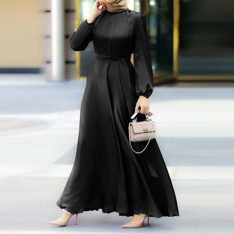 New Women Elegant Long Dress Long Lantern Sleeve O-Neck Waist Belt Mid East Muslim Lady Casual A-line Dress