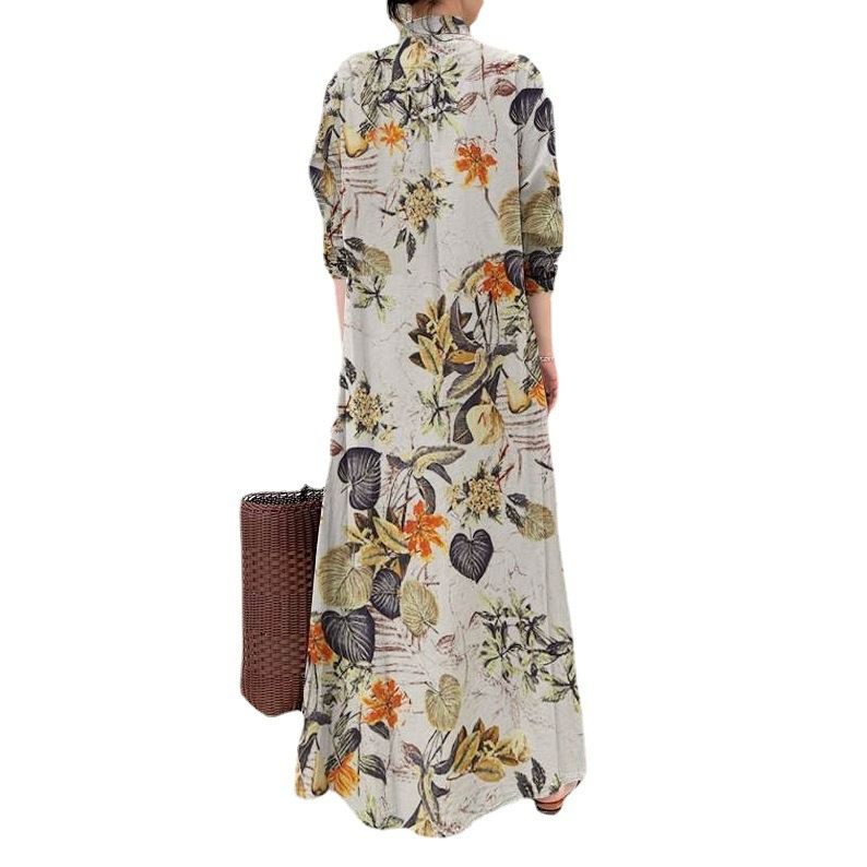 New Arrived Fashion Women Cotton Linen Long Shirt Dress Long Sleeve Floral Button Muslim Simple Loose Casual Maxi Long Dress