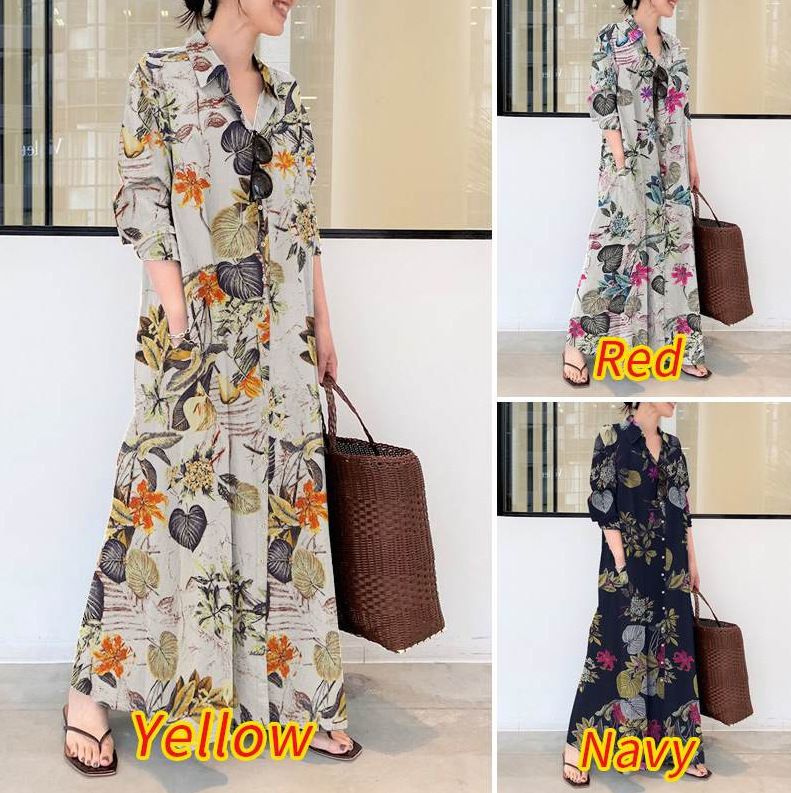 New Arrived Fashion Women Cotton Linen Long Shirt Dress Long Sleeve Floral Button Muslim Simple Loose Casual Maxi Long Dress
