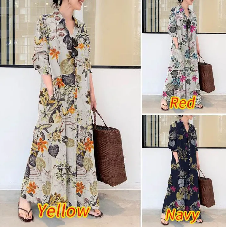 New Arrived Fashion Women Cotton Linen Long Shirt Dress Long Sleeve Floral Button Muslim Simple Loose Casual Maxi Long Dress