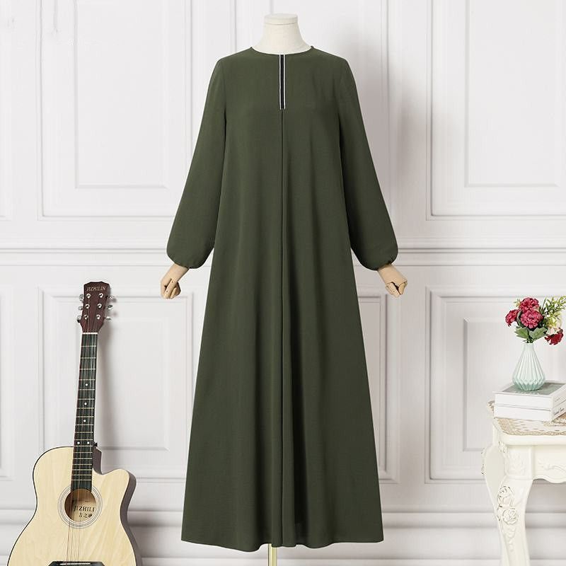 Solid Color Chiffon Dress With Long Sleeves And Round Collar With Belt Abya Dubai Woman Muslim Dress Clothing