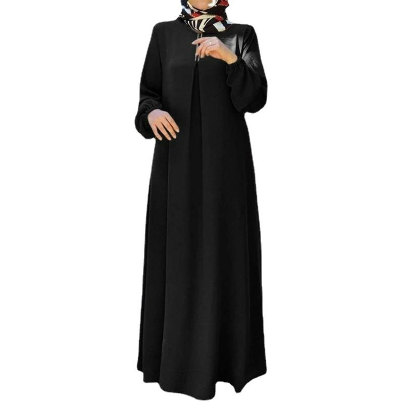 Solid Color Chiffon Dress With Long Sleeves And Round Collar With Belt Abya Dubai Woman Muslim Dress Clothing