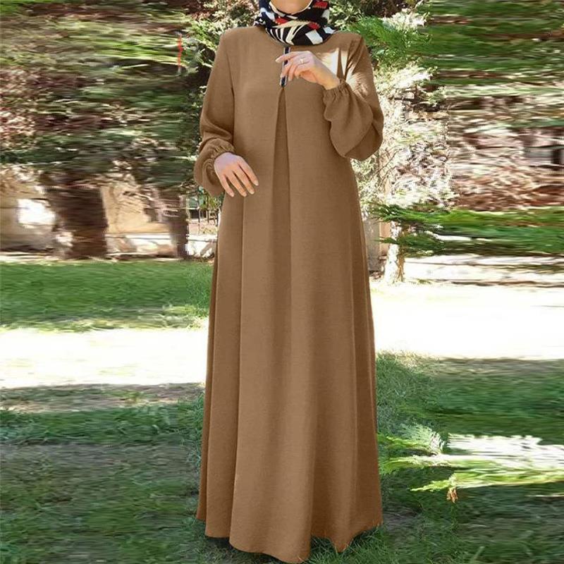 Solid Color Chiffon Dress With Long Sleeves And Round Collar With Belt Abya Dubai Woman Muslim Dress Clothing