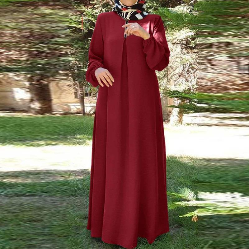 Solid Color Chiffon Dress With Long Sleeves And Round Collar With Belt Abya Dubai Woman Muslim Dress Clothing