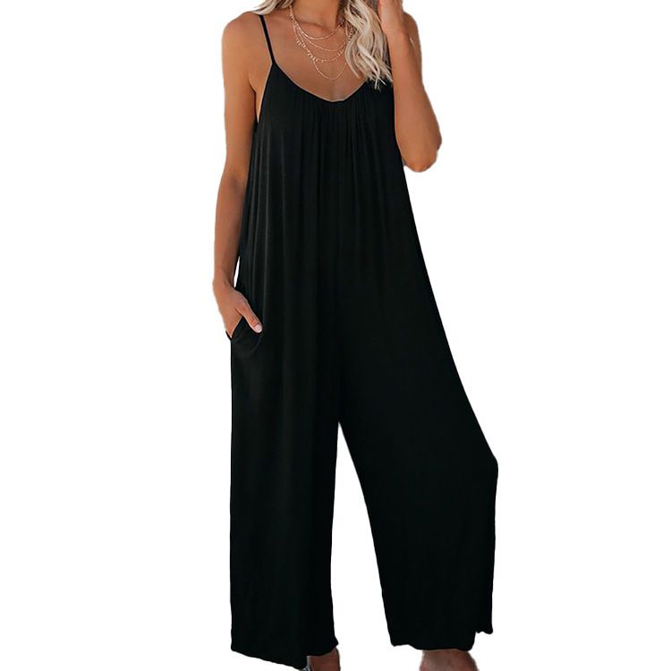 Plus Size Jumpsuits Loose Casual Sleeveless Adjustable Spaghetti Strap Stretchy Wide Leg Rompers Women Jumpsuits with Pocket