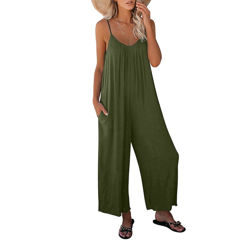 Plus Size Jumpsuits Loose Casual Sleeveless Adjustable Spaghetti Strap Stretchy Wide Leg Rompers Women Jumpsuits with Pocket