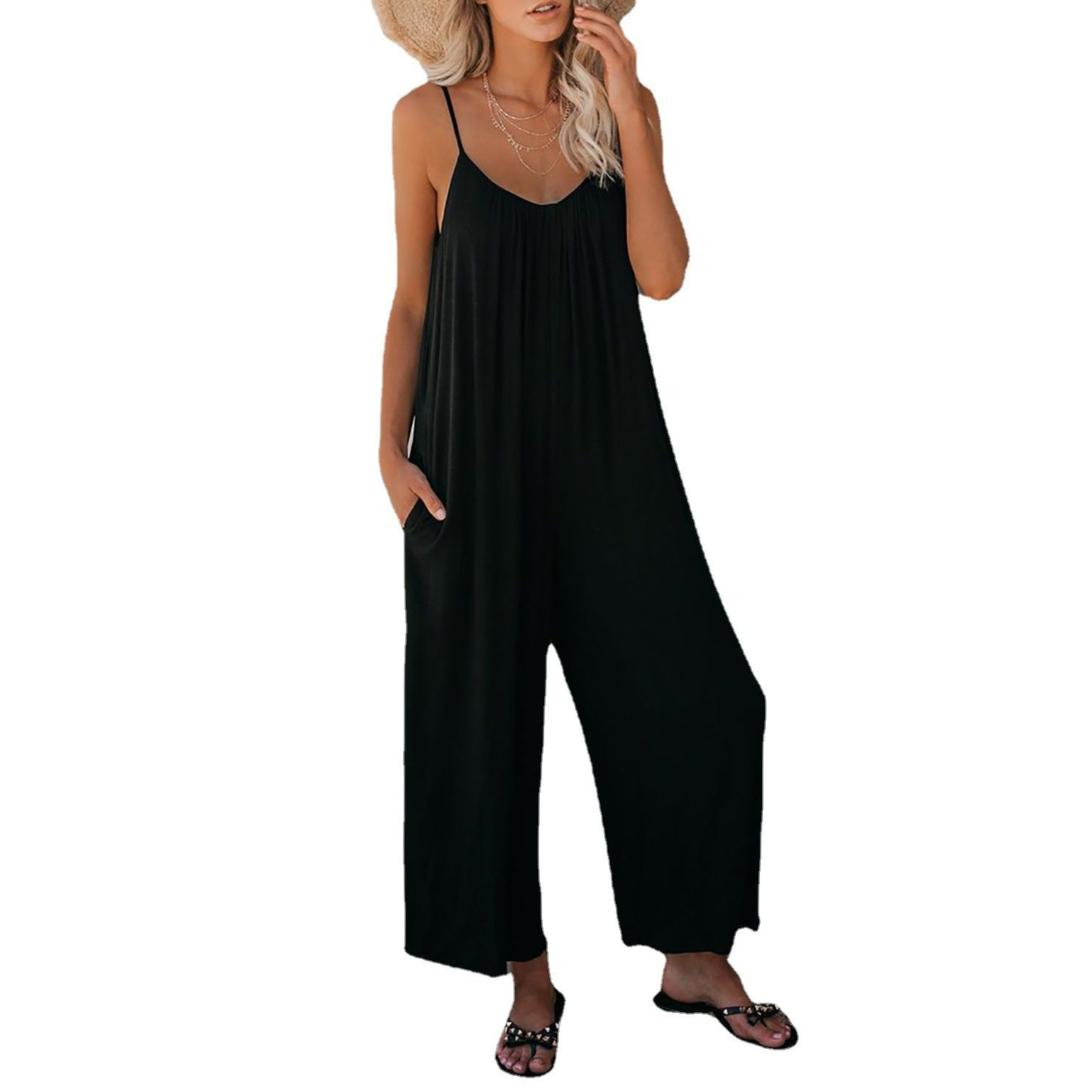 Plus Size Jumpsuits Loose Casual Sleeveless Adjustable Spaghetti Strap Stretchy Wide Leg Rompers Women Jumpsuits with Pocket