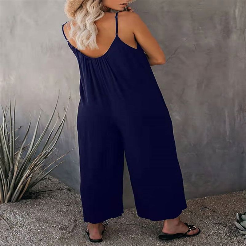 Plus Size Jumpsuits Loose Casual Sleeveless Adjustable Spaghetti Strap Stretchy Wide Leg Rompers Women Jumpsuits with Pocket