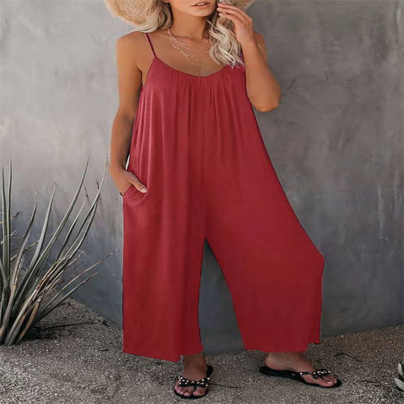 Plus Size Jumpsuits Loose Casual Sleeveless Adjustable Spaghetti Strap Stretchy Wide Leg Rompers Women Jumpsuits with Pocket