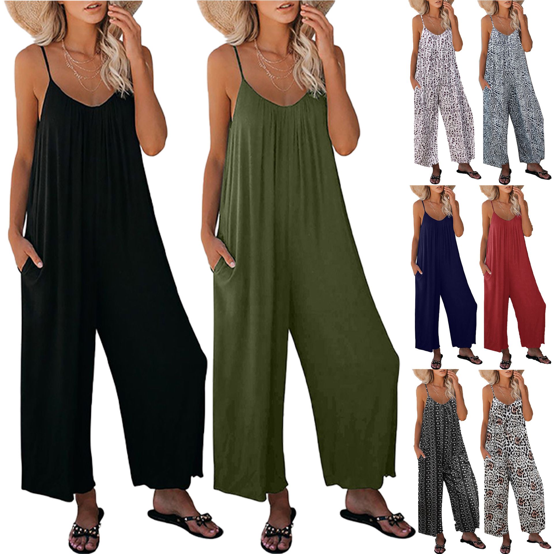 Plus Size Jumpsuits Loose Casual Sleeveless Adjustable Spaghetti Strap Stretchy Wide Leg Rompers Women Jumpsuits with Pocket