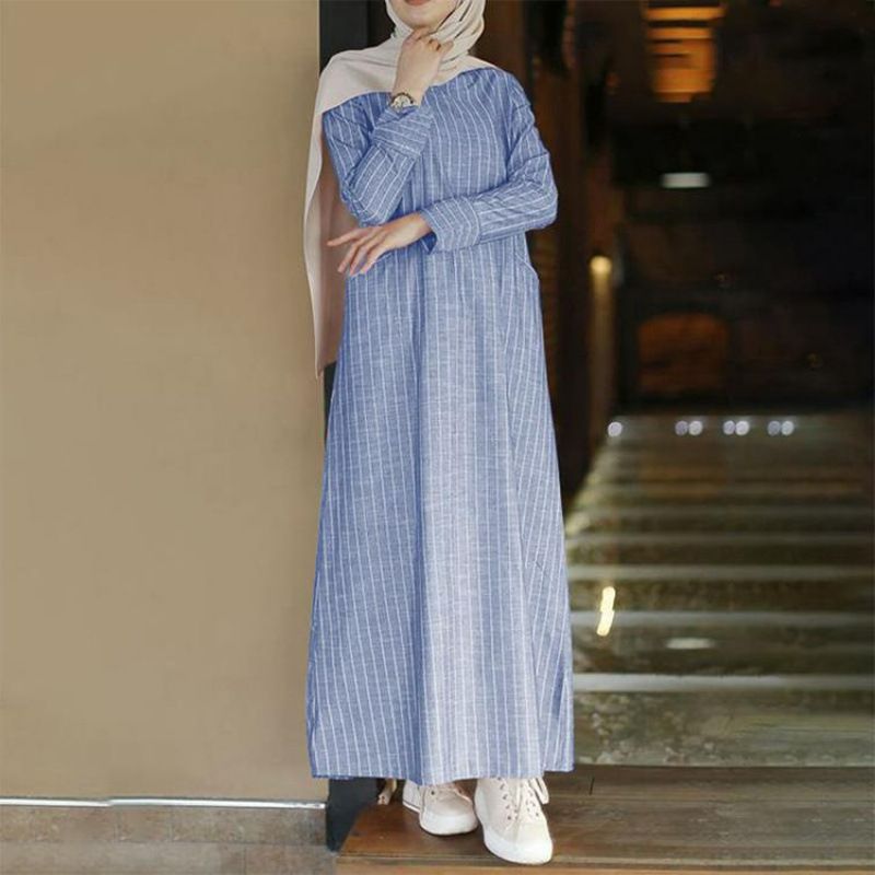 Fashion New Abaya Muslim Dresses Striped Plus Size Dress Wholesale Turkey Dubai Elegant Women Long Sleeve for Women Casual