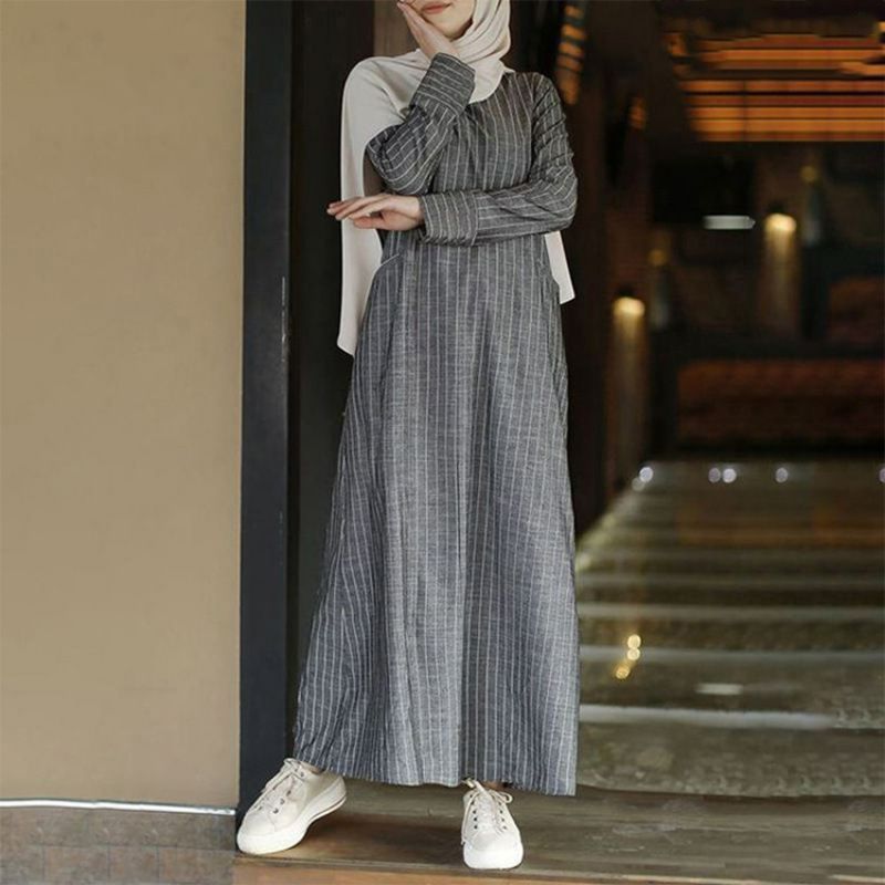 Fashion New Abaya Muslim Dresses Striped Plus Size Dress Wholesale Turkey Dubai Elegant Women Long Sleeve for Women Casual