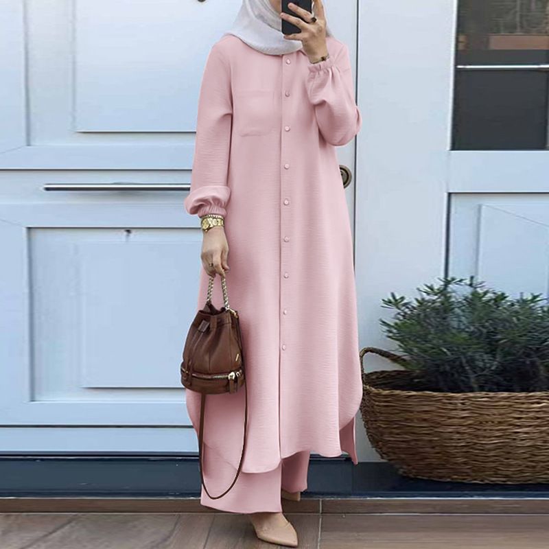 Wholesale Plus Size Islamic Clothing Women 2-Piece Pants Open Abaya Set Modest Abaya Pants Set
