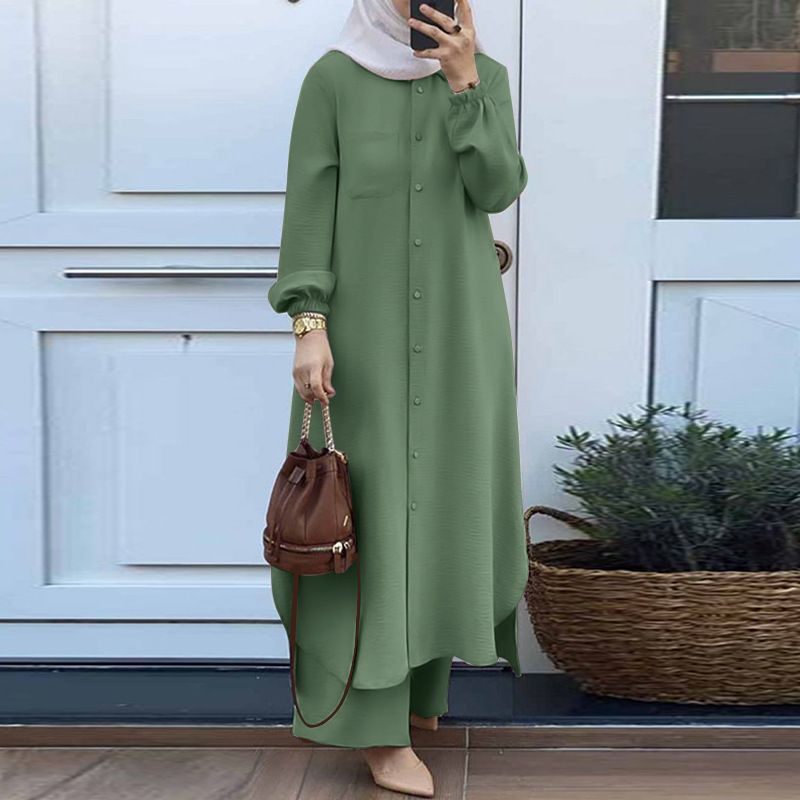 Wholesale Plus Size Islamic Clothing Women 2-Piece Pants Open Abaya Set Modest Abaya Pants Set