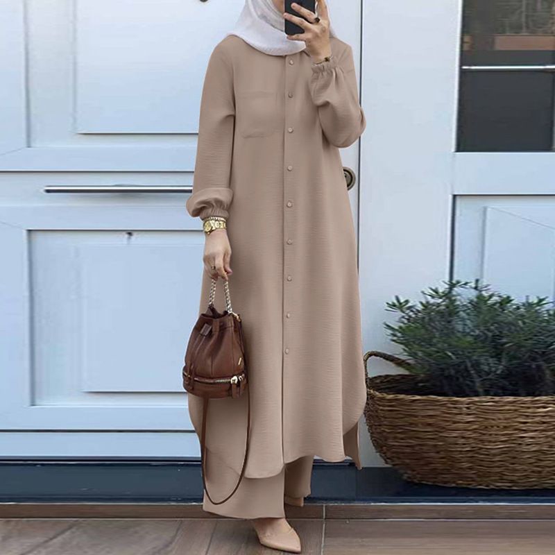 Wholesale Plus Size Islamic Clothing Women 2-Piece Pants Open Abaya Set Modest Abaya Pants Set