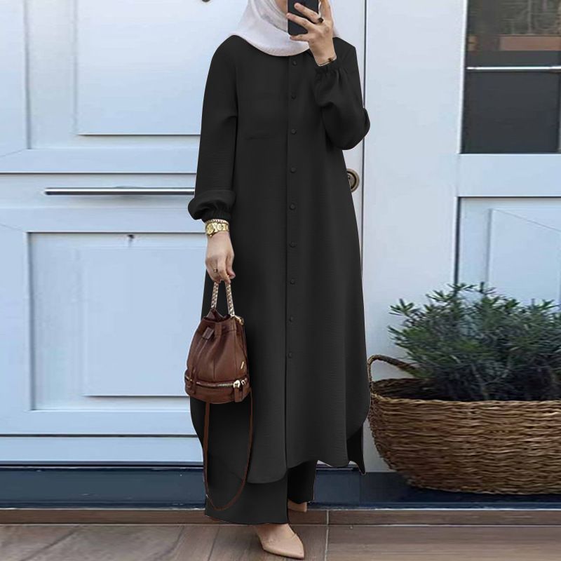 Wholesale Plus Size Islamic Clothing Women 2-Piece Pants Open Abaya Set Modest Abaya Pants Set