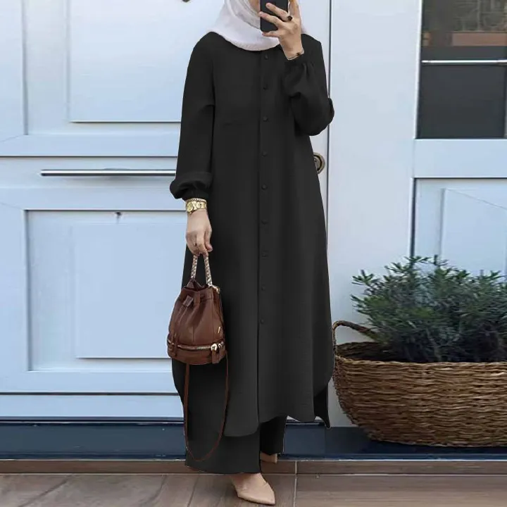 Wholesale Plus Size Islamic Clothing Women 2-Piece Pants Open Abaya Set Modest Abaya Pants Set