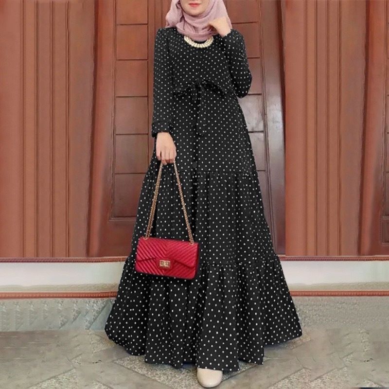 New Design Casual Wear Islamic Clothing Polka Dot Abaya dubai Ladies Party Women Turkey Dresses robe Muslim ethnic crew neck