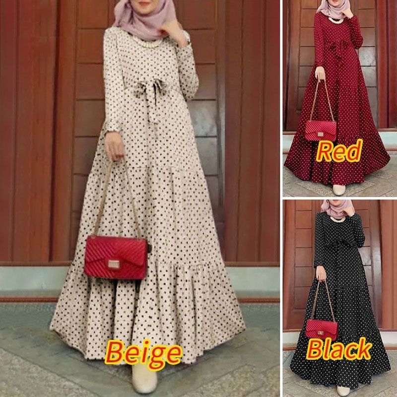 New Design Casual Wear Islamic Clothing Polka Dot Abaya dubai Ladies Party Women Turkey Dresses robe Muslim ethnic crew neck