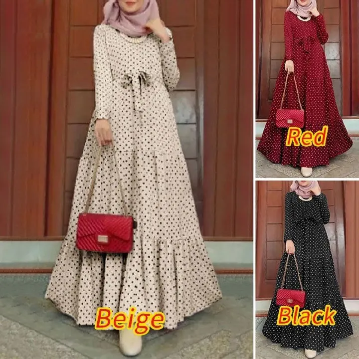 New Design Casual Wear Islamic Clothing Polka Dot Abaya dubai Ladies Party Women Turkey Dresses robe Muslim ethnic crew neck