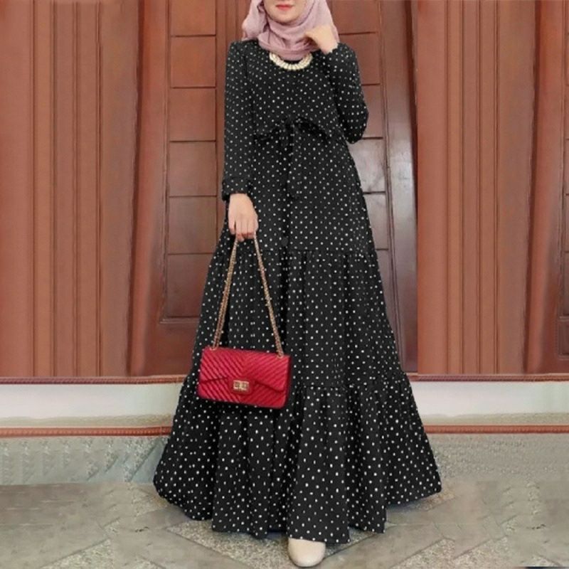 New Design Casual Wear Islamic Clothing Polka Dot Abaya dubai Ladies Party Women Turkey Dresses robe Muslim ethnic crew neck