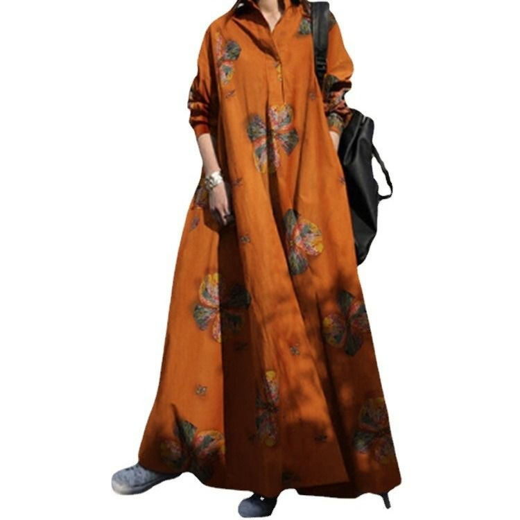 Muslim women's autumn printed cotton linen retro national style loose long-sleeved big swing dress