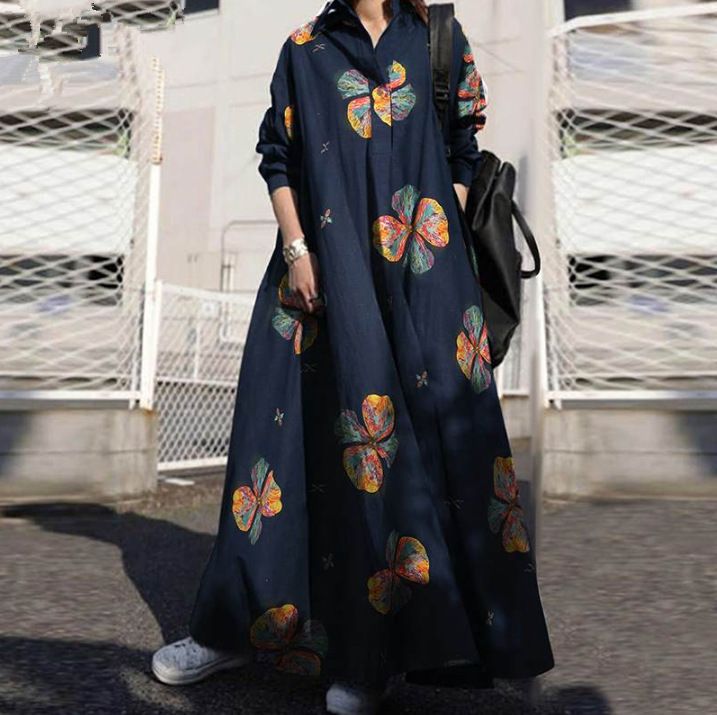 Muslim women's autumn printed cotton linen retro national style loose long-sleeved big swing dress