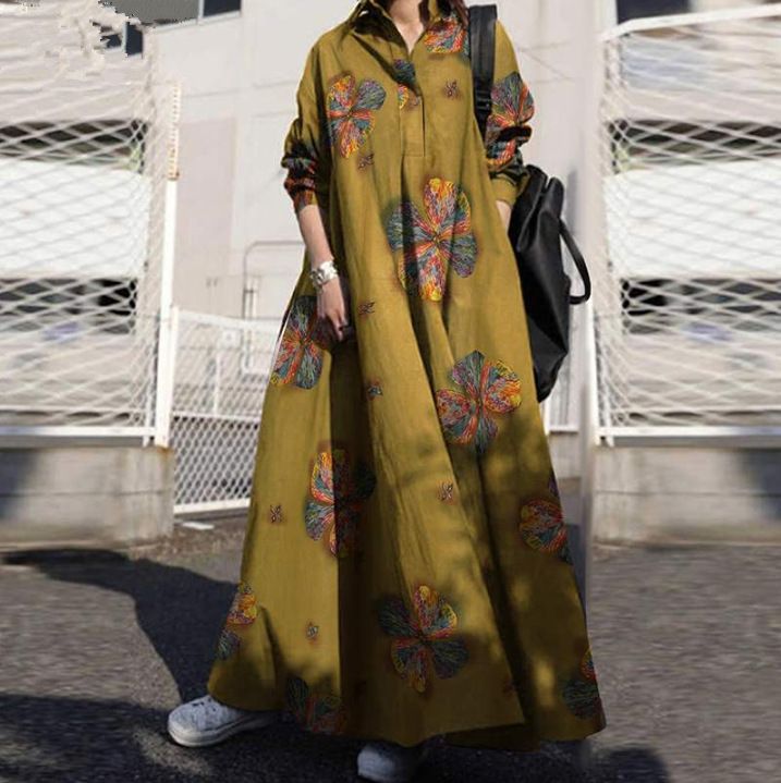 Muslim women's autumn printed cotton linen retro national style loose long-sleeved big swing dress