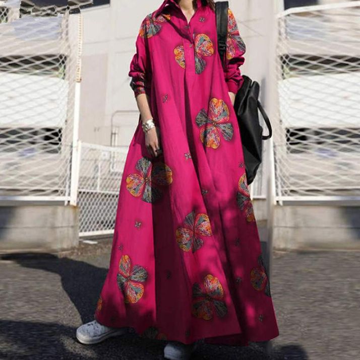 Muslim women's autumn printed cotton linen retro national style loose long-sleeved big swing dress